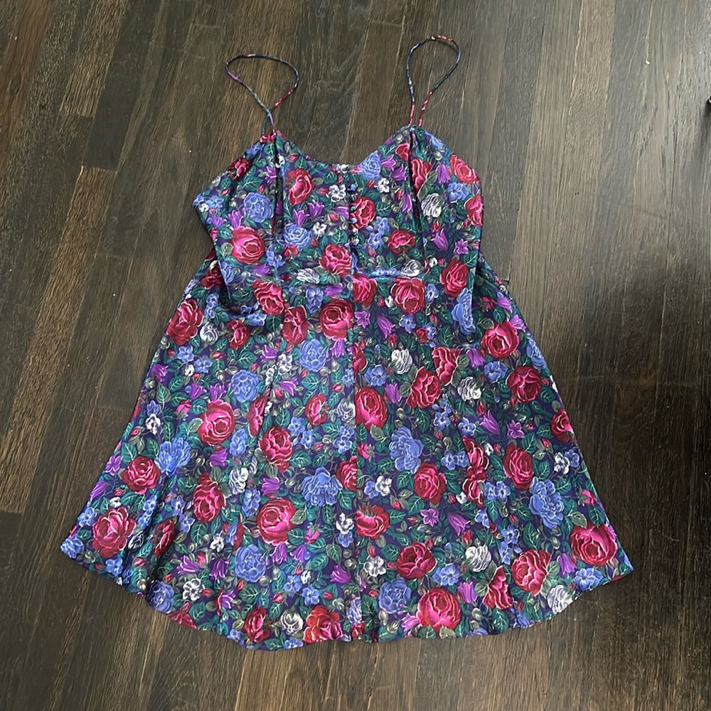 Vintage silk like slip, 1970s flowered mini dress